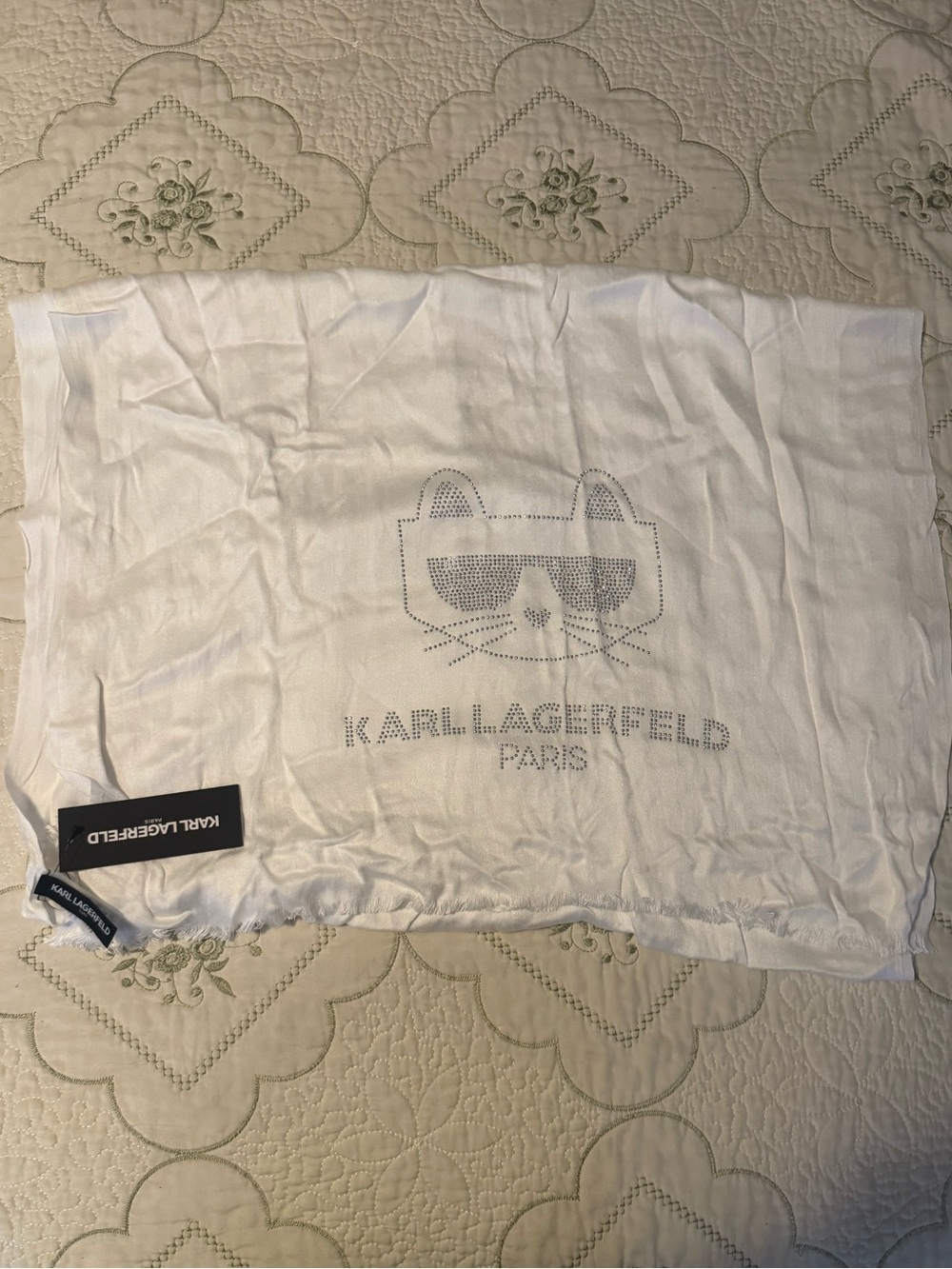 Karl Lagerfeld White Scarf with Rhinestone Cat Logo